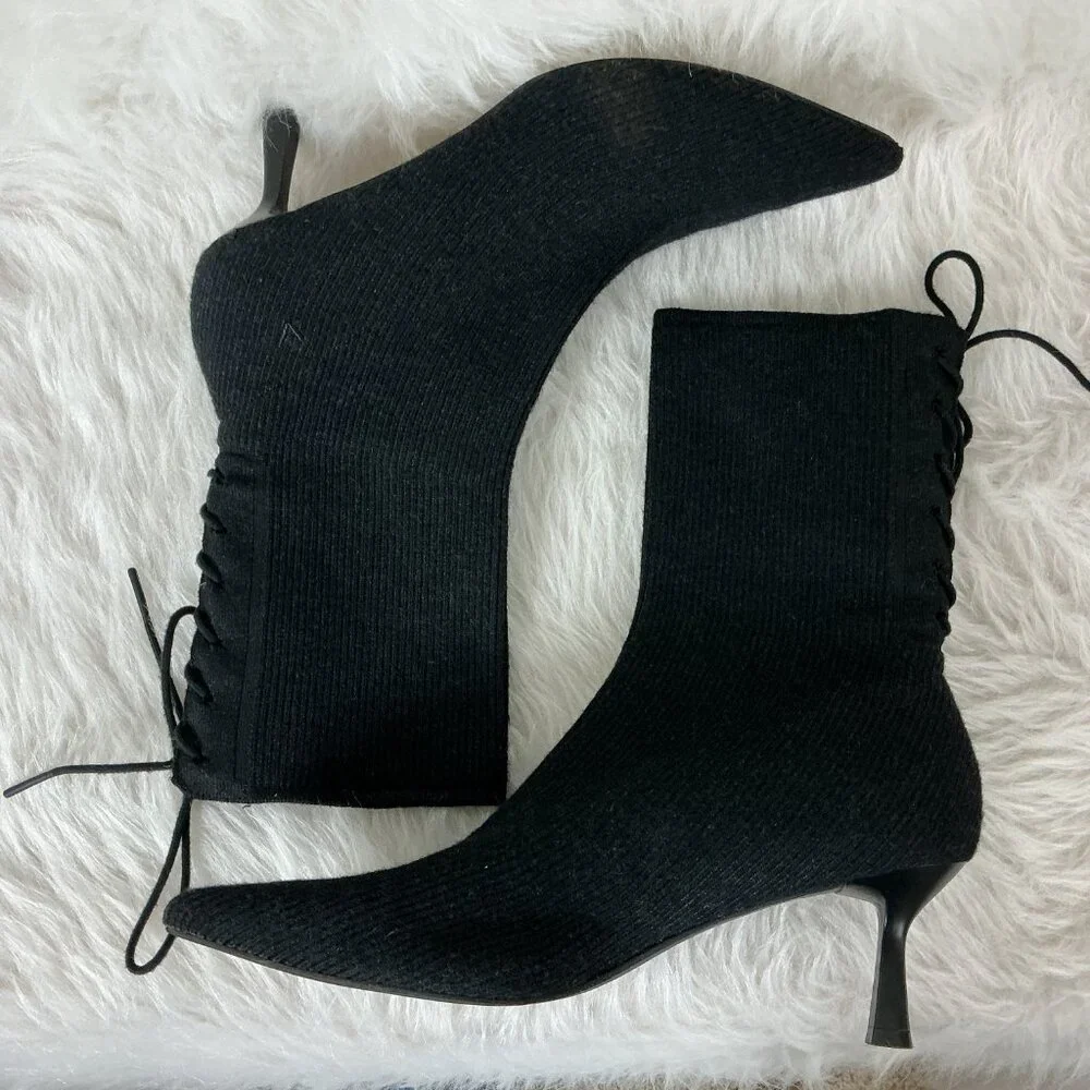 Vivaia Phoebe Kitten Heel Black Pointed Toe Lace Up Bootie Heels EU 42 US 10.5
